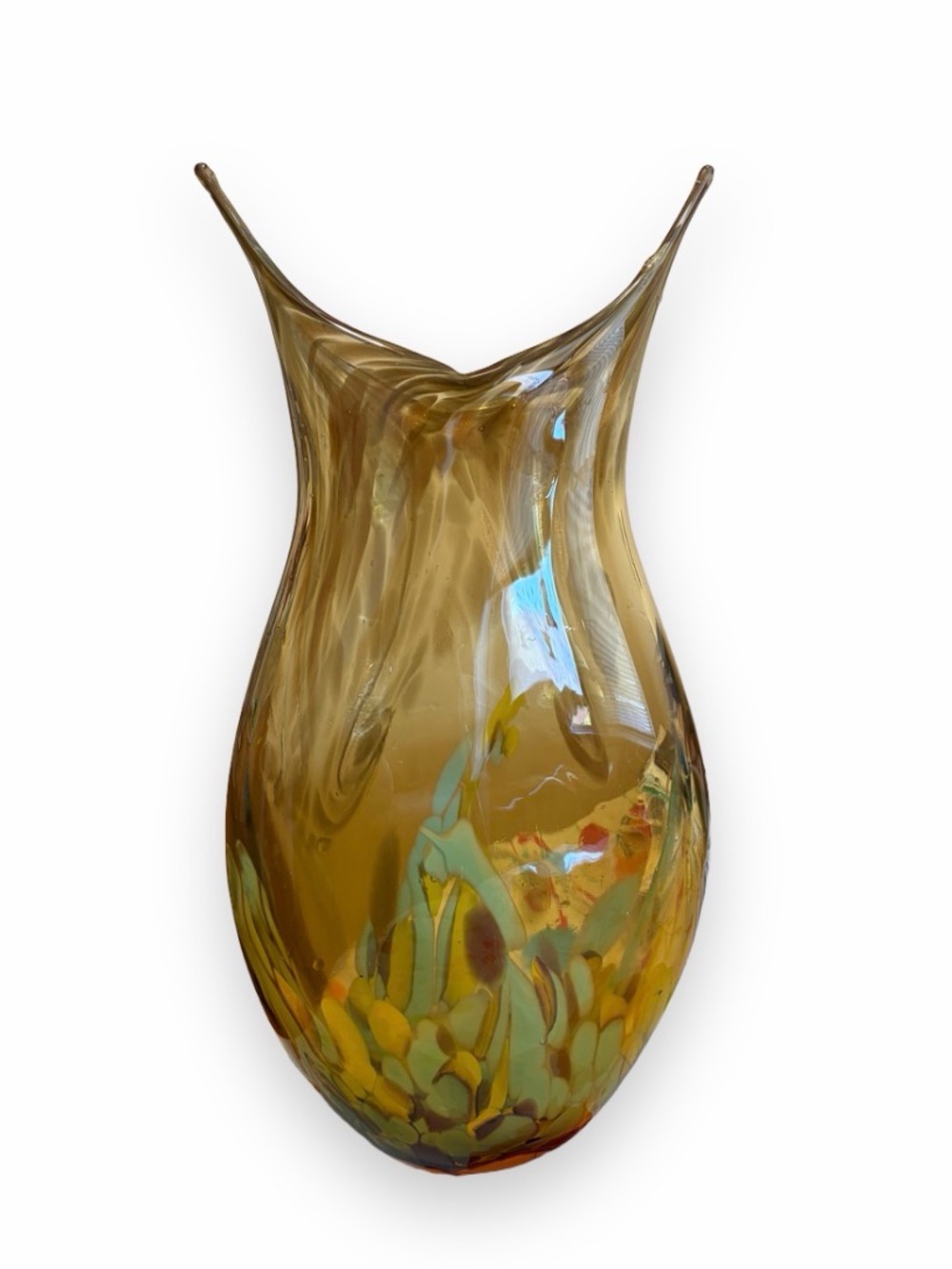 Handblown Vintage Art Amber Glass Vase with Multicolor Accents